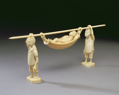 Figuras de dos hombres africanos llevando a un hombre europeo, Congo de African